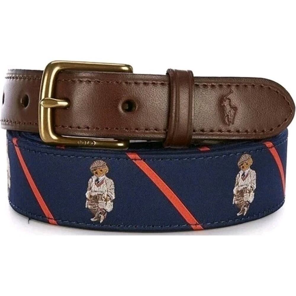 Polo Ralph Lauren Men's Leather-Trim Navy Bear Logo Belt Size 42 Brand New
